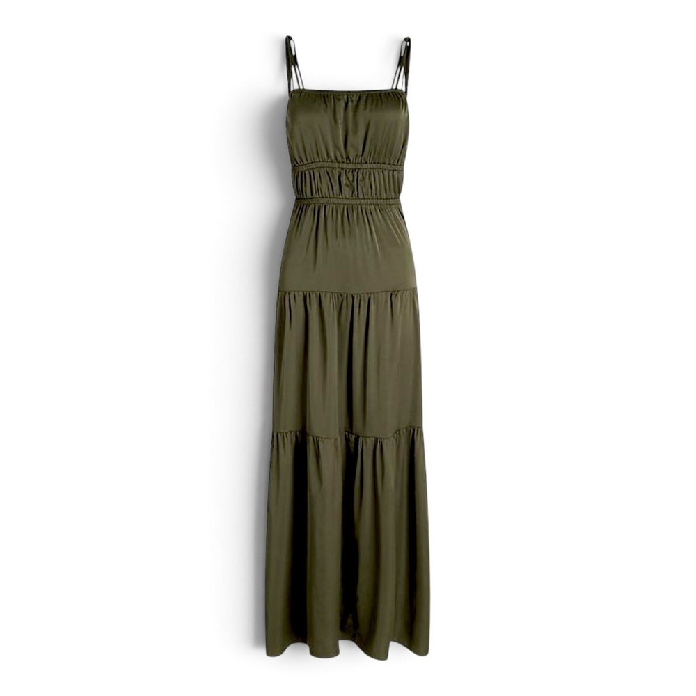 Express Olive Green Square Neck Tie Strap Ruched Tiered Maxi Dress M